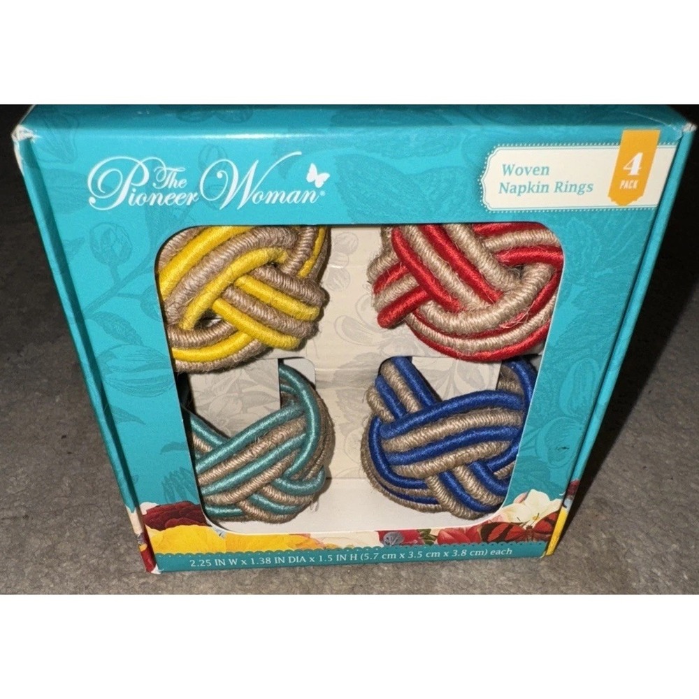 The Pioneer Woman 4pc 4-piece‎ Woven Napkin Ring Red/Blue/Teal/Yellow
